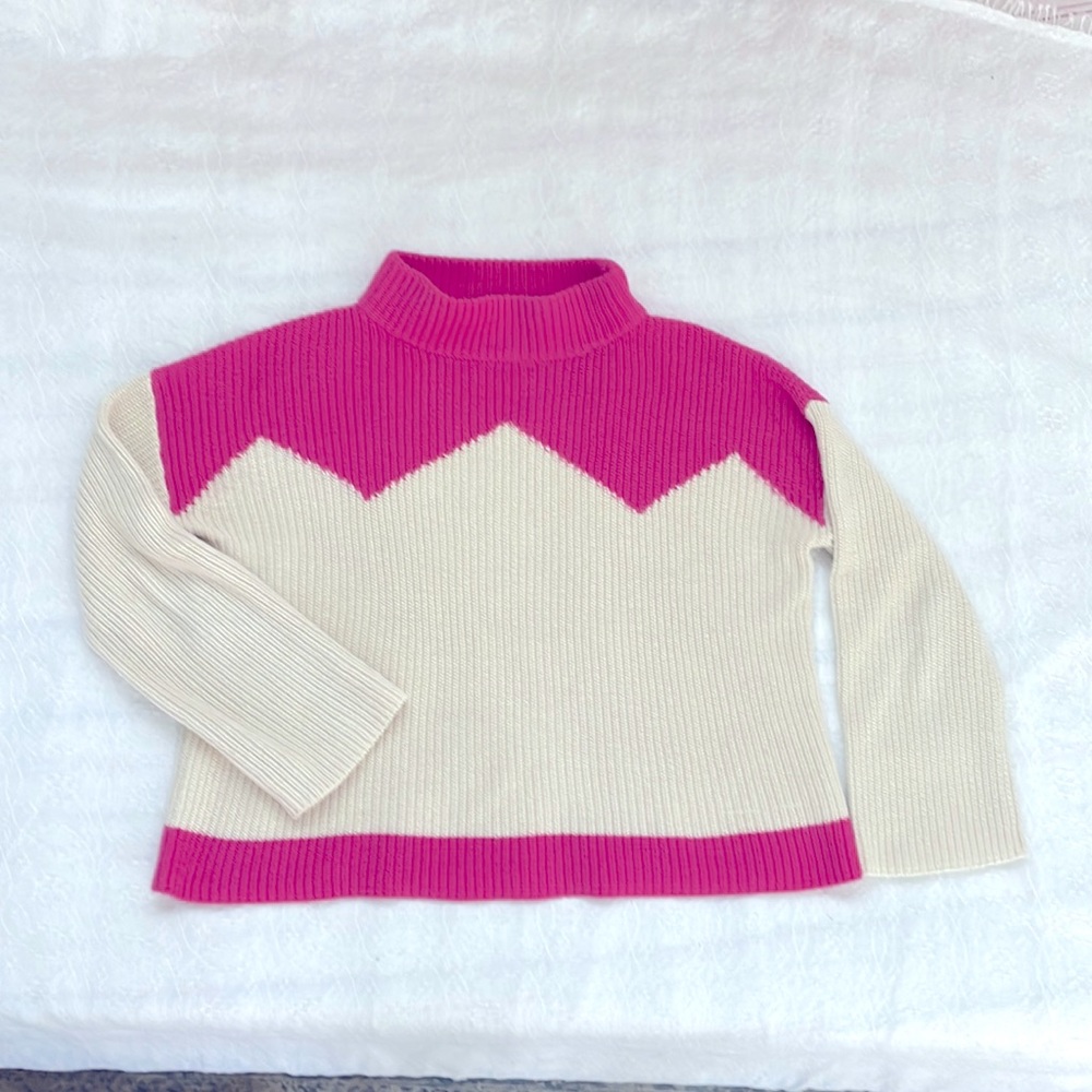 Pink and cream chevron color block ski mock turtleneck sweater